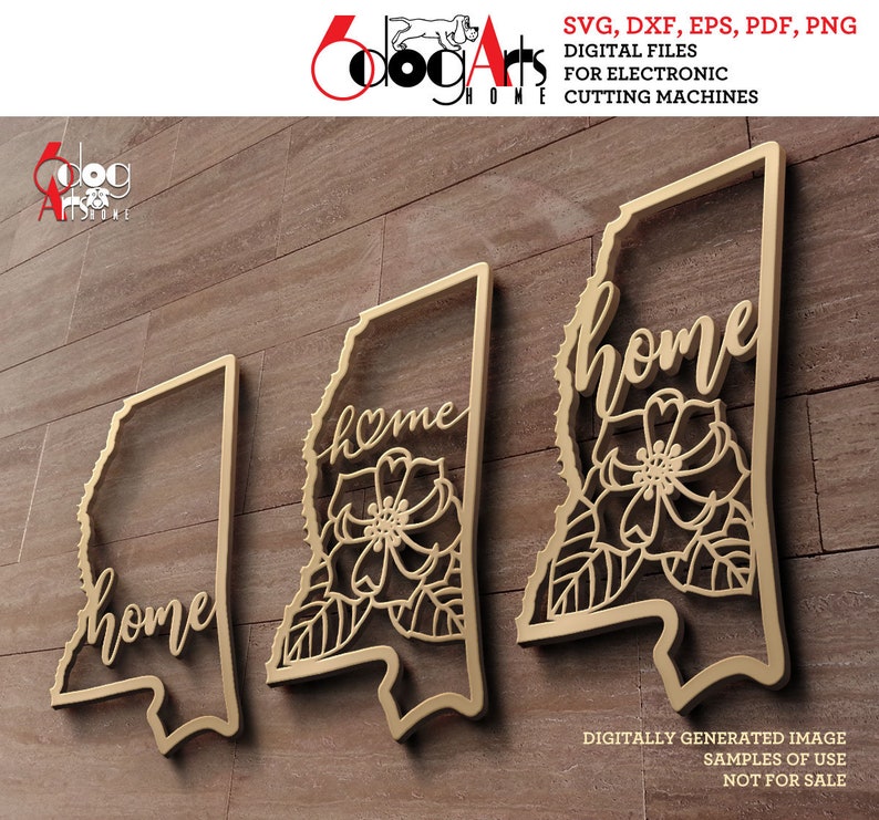 May include: Three digital cut files of the state of Alabama with the word "home" inside. The files are for electronic cutting machines. The files are in SVG, DXF, EPS, PDF, and PNG formats.