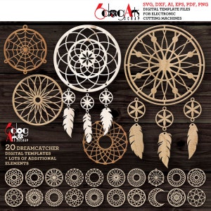 20 modelli di acchiappasogni e 18 modelli di decorazioni da parete con piume tribali in formato SVG DXF, file digitali vettoriali da scaricare, taglio laser GlowForge Cricut Maker JH-500