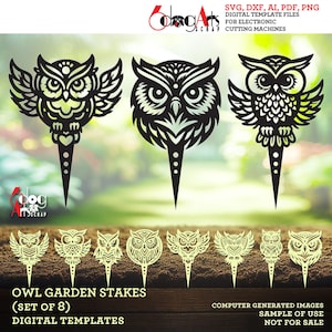 8x Owl Trellis Stake Garden Decor Digital Templates SVG DXF Files GlowForge Metal Laser Plasma Cutting Instant Download JH-570