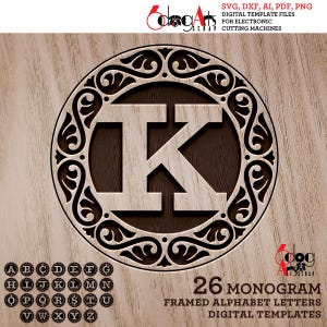 Op de afbeelding: Een monogramletter K in een decoratief frame. Het frame is gemaakt van ingewikkelde swirls en versieringen. De letter K is in een vetgedrukt, sans-serif lettertype. De achtergrond is een licht houtnerf. 26 Monogram Framed Alphabet Letters Digital Templates.