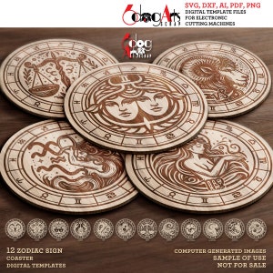 May include: Twelve wooden coasters featuring zodiac signs. Each coaster is round and has a brown wood grain finish. The signs are engraved in a white color. The signs are: Aries, Taurus, Gemini, Cancer, Leo, Virgo, Libra, Scorpio, Sagittarius, Capricorn, Aquarius, and Pisces.