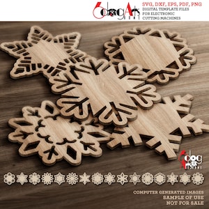 16 Snowflake Christmas Place Tag Coaster Ornament Templates Digital Vector Files Svg Dxf Download GlowForge Laser Cricut Cutting JH-153