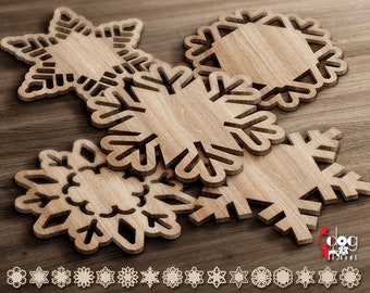 16 Snowflake Christmas Place Tag Coaster Ornament Templates Digital Vector Files Svg Dxf Download GlowForge Laser Cricut Cutting JH-153