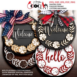 Multilayer Hibiscus Wreath Door Hanger Template for GlowForge Laser Cricut CNC Wood Paper Cutting Vector Digital Files Svg Dxf JH-94