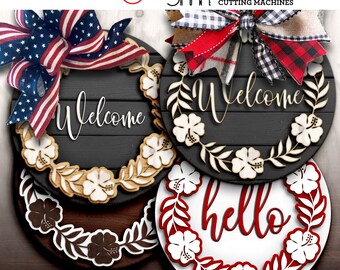 Multilayer Hibiscus Wreath Door Hanger Template for GlowForge Laser Cricut CNC Wood Paper Cutting Vector Digital Files Svg Dxf JH-94