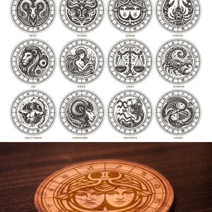 May include: A set of 12 black and white zodiac signs, each with a unique illustration of the astrological symbol. The signs are arranged in a grid, with the name of each sign written below it. The image is a digital file for electronic cutting machines.
