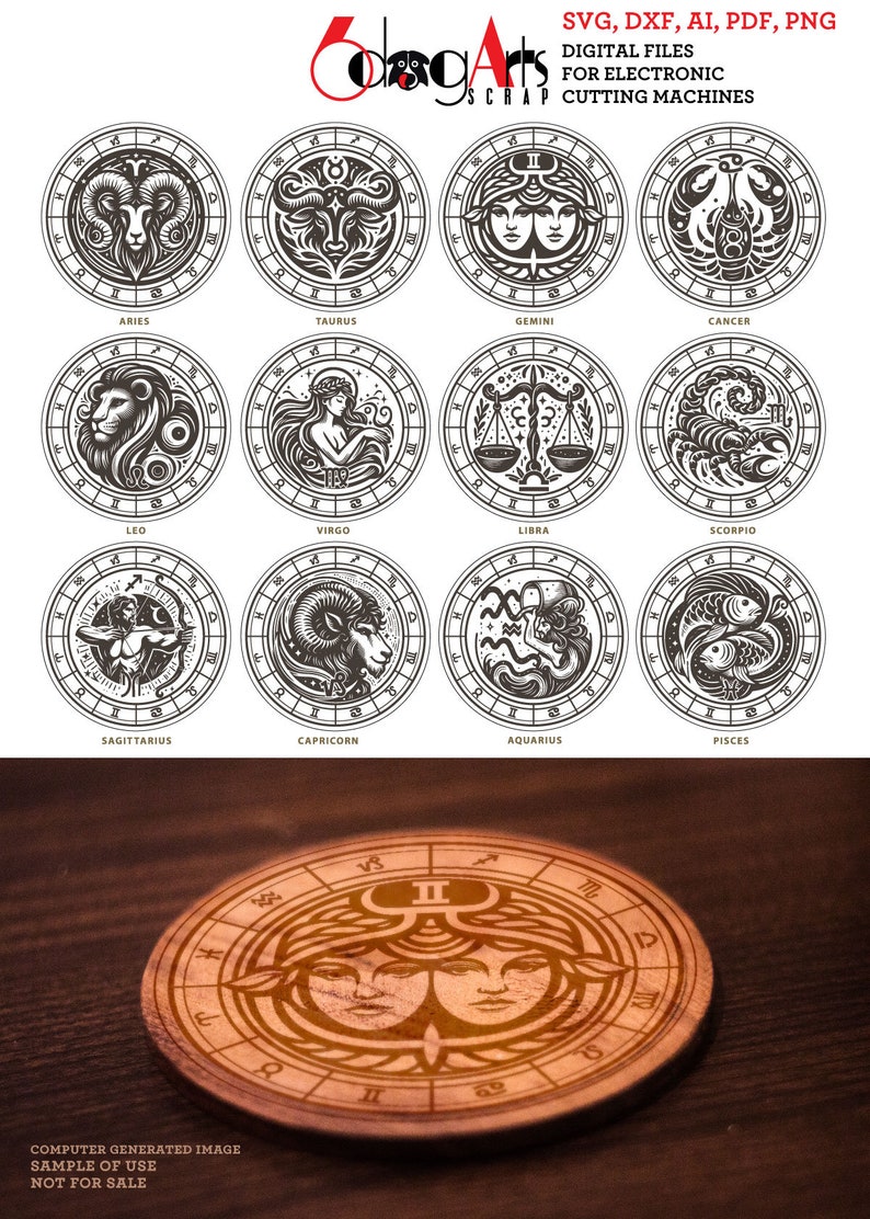 May include: A set of 12 black and white zodiac signs, each with a unique illustration of the astrological symbol. The signs are arranged in a grid, with the name of each sign written below it. The image is a digital file for electronic cutting machines.