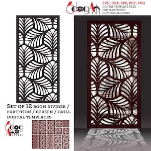 May include: Set of 12 digital templates for room dividers, partitions, screens, or grills. The design features a repeating pattern of stylized leaves in black and red.