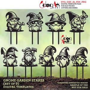 9 Gnome Garten Pflanzenstecker Digitale Vorlagen Vektor SVG DXF-Dateien GlowForge Holz Metall Laser Schneiden Sofort-Download JH-679