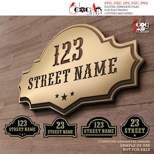4 Modelos digitais de placas de porta de endereço DIY Arquivos vetoriais Svg Dxf GlowForge Corte a laser de metal e madeira Corte a plasma CNC Download instantâneo JH-235