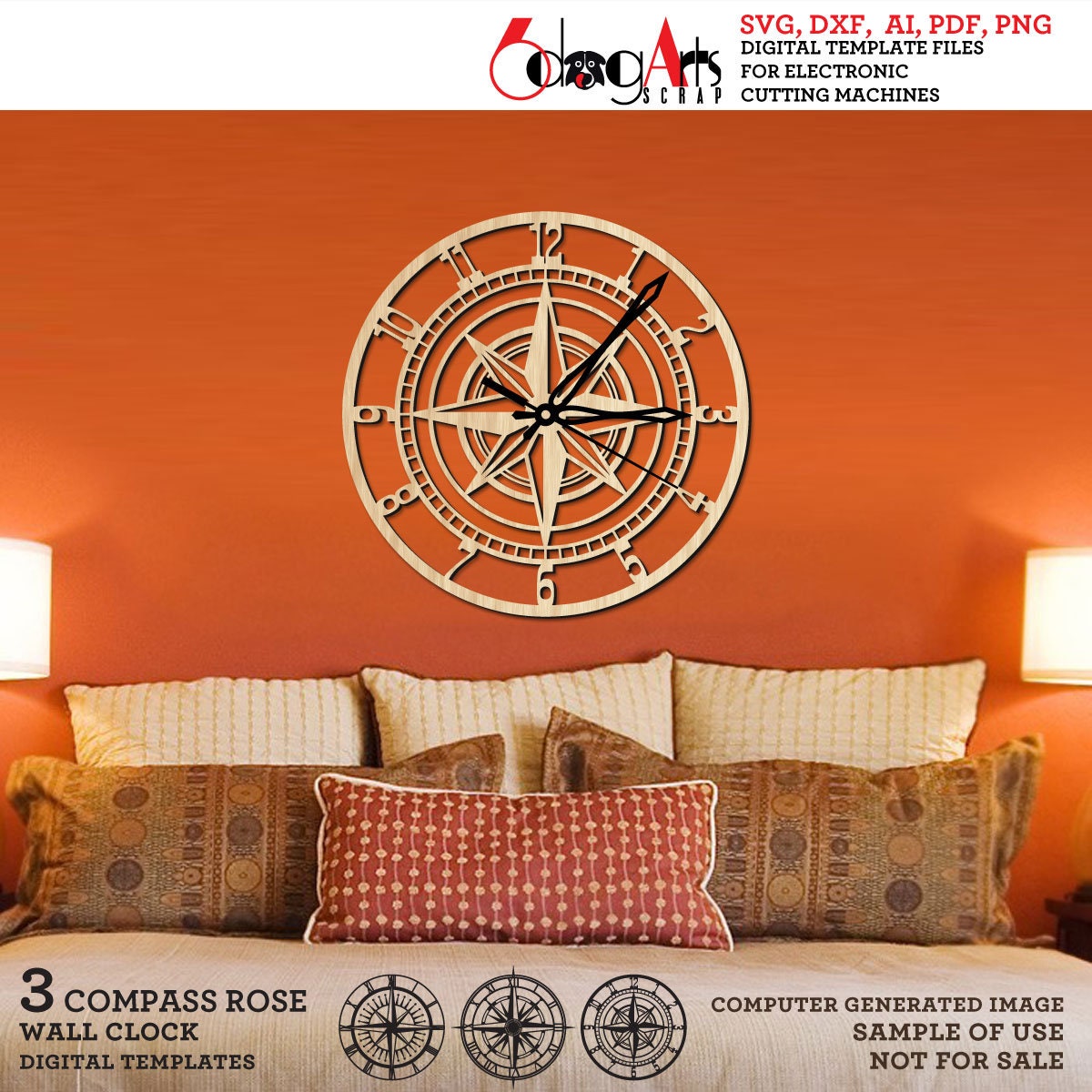 3x Compass Rose Wall Clock SVG DXF Templates Digital Vector Files ...