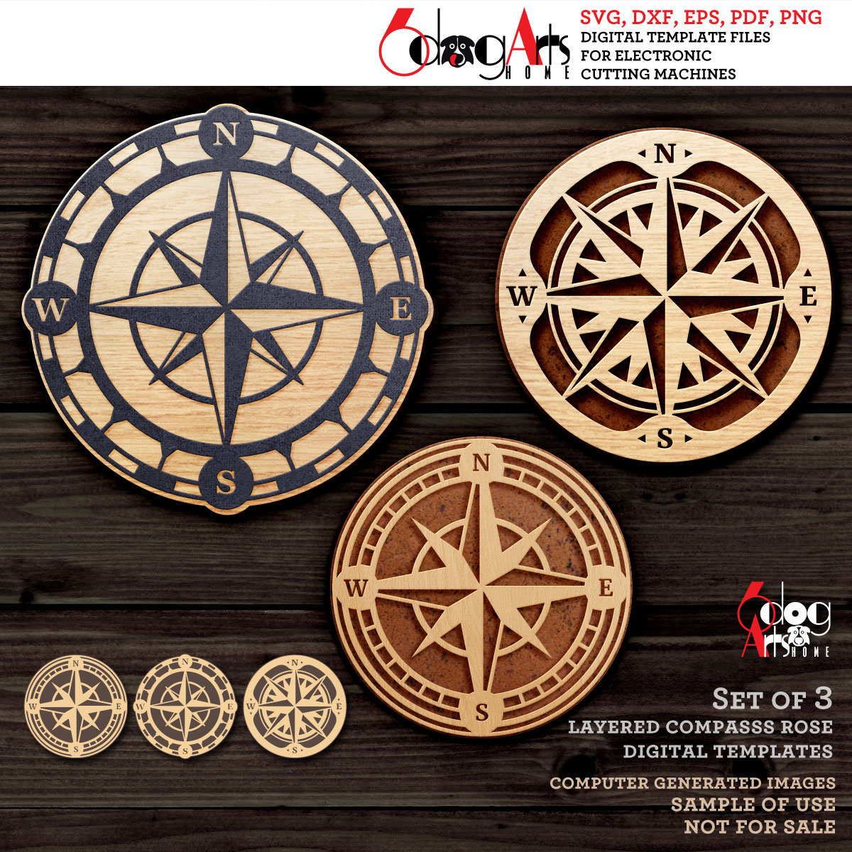 Layered Compass Rose Digital Templates (set of 3) SVG DXF Files Wood ...