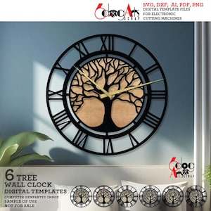 Peut inclure: Six modèles numériques pour une horloge murale en forme d'arbre. Le cadran de l'horloge présente une silhouette d'arbre noire sur un fond en bois et des chiffres romains. Les modèles sont destinés aux machines de découpe électroniques.