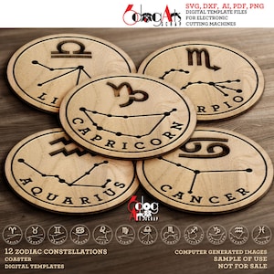 Porta-copos de horóscopo e arte de parede - 12 modelos de signos do zodíaco para corte a laser, gravação - Download instantâneo de arquivos SVG DXF, pontuação e corte JH-503