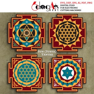 4 Sun Surya Yantra Hinduism Buddhism Sacred Geometry Wall Decor Multilayered Templates Digital SVG DXF Laser Cutting Cricut Download JH-459