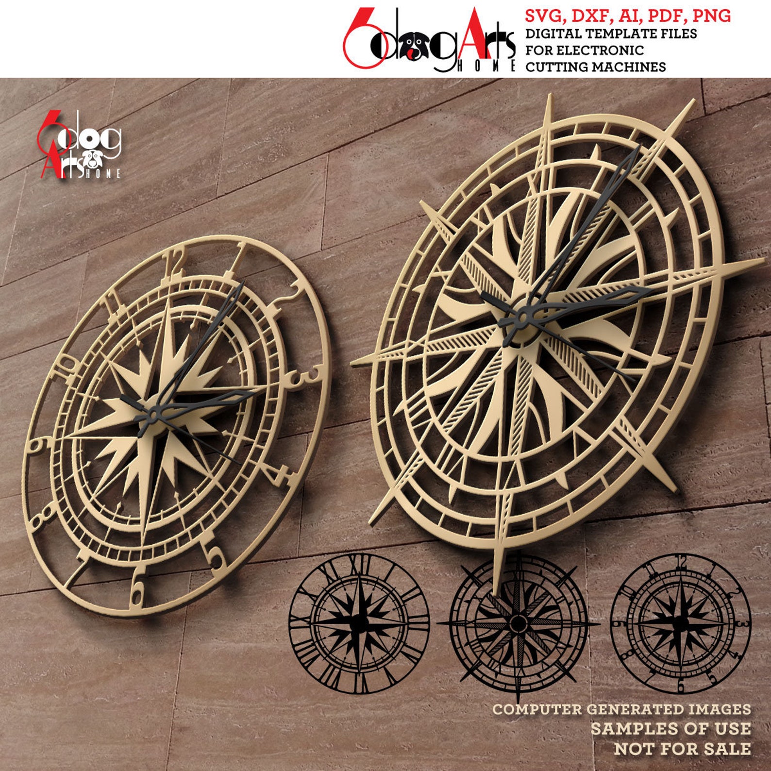 3x Compass Rose Wall Clock SVG DXF Templates Digital Vector Files ...