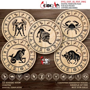 12 Sternzeichen Horoskop Untersetzer Wand Dekor Vorlagen Digitale SVG DXF Dateien Laser schneiden, Gravur GlowForge Score & Cut Download JH-505