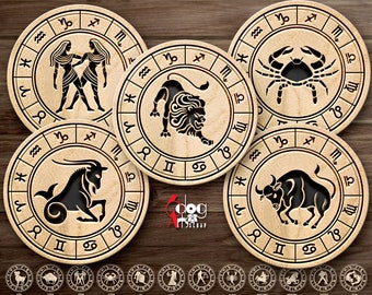 12 Zodiac Sign Horoscope Coaster Wall Decor Templates Digital SVG DXF Files Laser Cutting, Engraving GlowForge Score & Cut Download JH-505