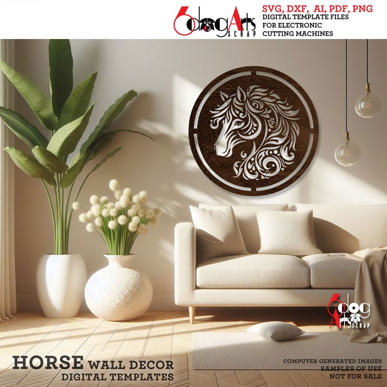 May include: A digital template for a horse head wall decor. The design features a detailed, intricate floral pattern around the horse's head. The template is suitable for use with electronic cutting machines.