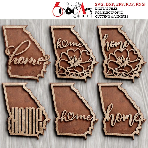 6 Georgia State Outline Home Wall Decor Layered Templates Vector Digital SVG DXF Files GlowForge Laser Cutting Cricut Download JH-101