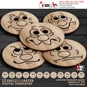 12 ronde Emoji smiley Coaster onderzetter muur decor sjablonen Vector digitale SVG DXF-bestanden downloaden lasersnijden GlowForge Cricut Maker JH-194