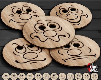 12 Round Emoji Smiley Coaster Trivet Wall Decor Templates Vector Digital SVG DXF Files Download Laser Cutting GlowForge Cricut Maker JH-194