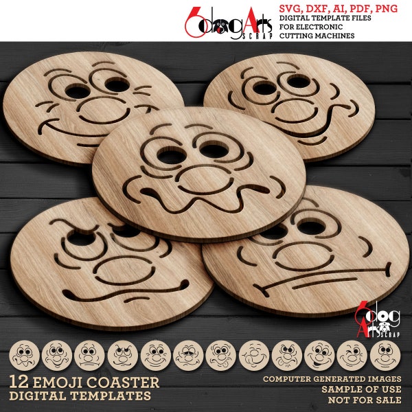 12 Round Emoji Smiley Coaster Trivet Wall Decor Templates Vector Digital SVG DXF Files Download Laser Cutting GlowForge Cricut Maker JH-194