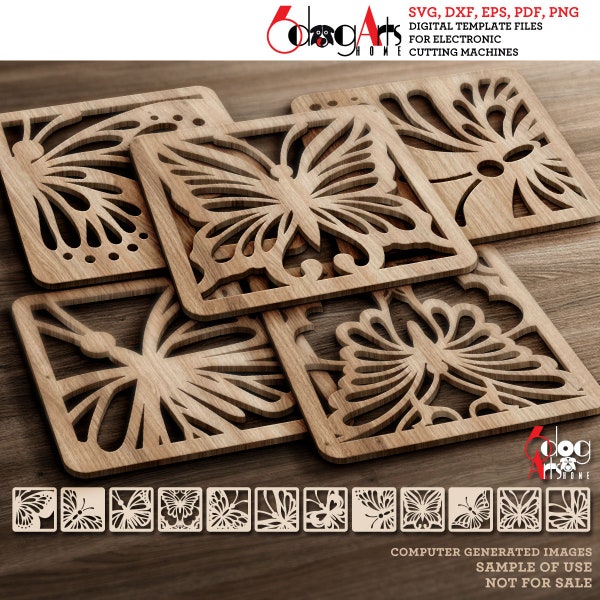 12 Butterfly Coaster Grill Trivet Wall Decor Templates Vector Digital SVG DXF Files Télécharger cnc Laser Cutting GlowForge Cricut Maker JH-209