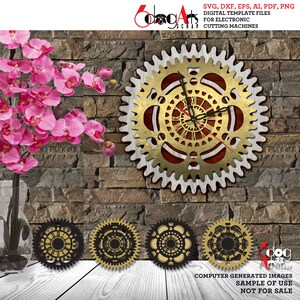 May include: A decorative wall clock with a gear design, featuring gold, white, and brown elements. The clock has black hands and Roman numerals. Below the clock are four matching coasters. The image includes text: "SVG, DXF, EPS, AI, PDF, PNG DIGITAL TEMPLATE FILES FOR ELECTRONIC CUTTING MACHINES".