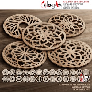 25 modèles de décoration murale Mandala Coaster Grill sous-plats Fichiers vectoriels numériques DXF SVG à télécharger cnc Découpe laser GlowForge Cricut Maker JH-220