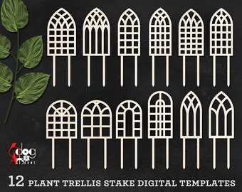 12 Gothic Church Plant Trellis Stake Templates Vector Digital SVG DXF Files GlowForge Laser Cutting Cricut Maker Download JH-385