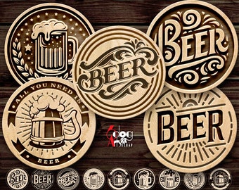 Beer Coaster SVG / DXF Bundle, 9 Designs for Laser Cutting and Engraving, JH-560