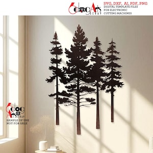 May include: A dark brown metal wall art piece depicting a forest scene with several tall pine trees. The trees have detailed branches and needles, creating a silhouette against the wall. The artwork is designed for electronic cutting machines.