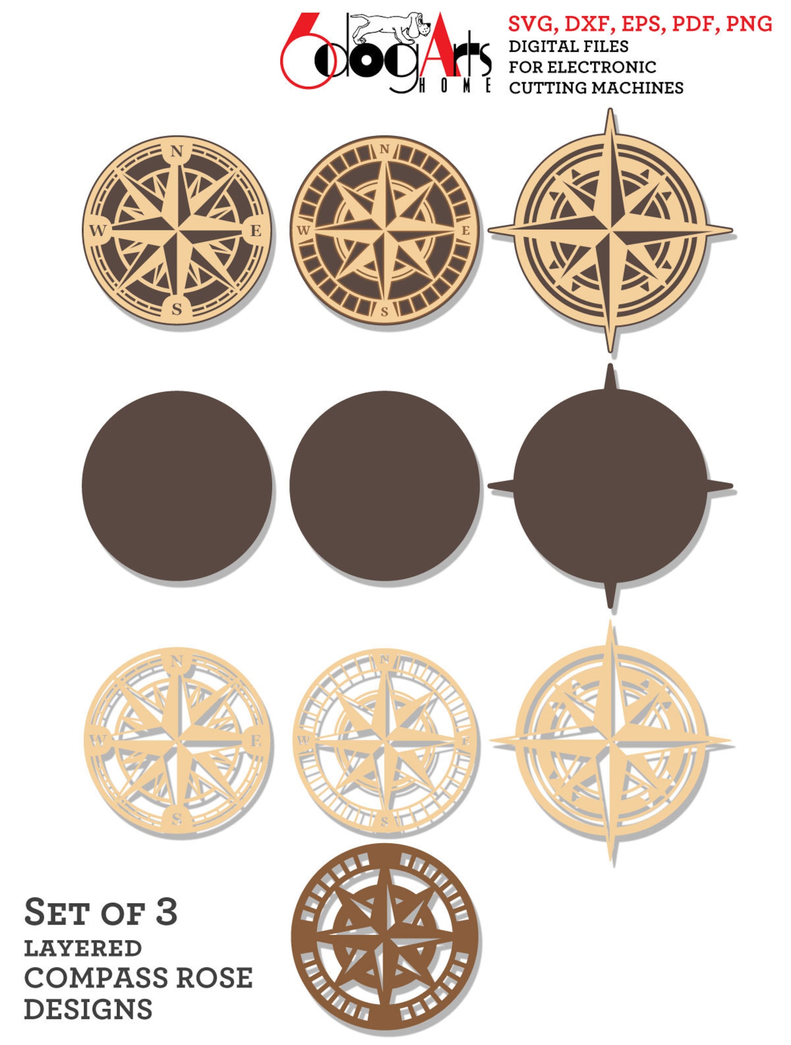 Layered Compass Rose Digital Templates (set of 3) SVG DXF Files Wood ...