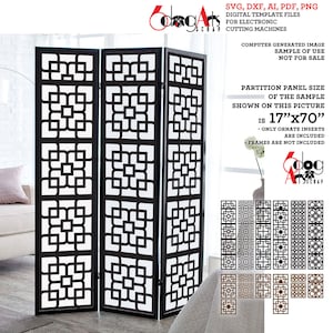 May include: A black room divider with a geometric pattern. The divider is made of three panels and is 17 inches wide by 70 inches tall. The image includes the text "PARTITION PANEL SIZE OF THE SAMPLE SHOWN ON THIS PICTURE Is 17"x70"" and "ONLY ORNATE INSERTS ARE INCLUDED FRAMES ARE NOT INCLUDED".