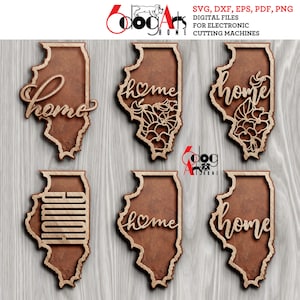 6 Illinois staat overzicht huis muur decor gelaagde sjablonen vector digitale SVG DXF-bestanden GlowForge lasersnijden Cricut downloaden JH-121