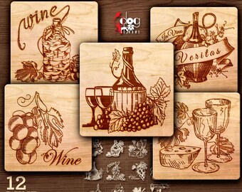 Wine Coaster 12 SVG Templates for Laser Cutting / Engraving, JH-763