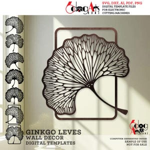 May include: A digital template for a ginkgo leaf wall decor. The design features a detailed, intricate pattern of veins and a delicate stem. The template is available in SVG, DXF, AI, PDF, and PNG formats.