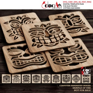 9 Hawaii Polynesian Tiki Coaster Wall Decor Templates Vector Digital SVG DXF Files Download Laser Cutting GlowForge Cricut Maker JH-303