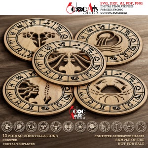 Astrologie Coaster & Wand Dekor Bundle 12 Sternzeichen Vorlagen für Laserschneiden, Gravieren Herunterladbare SVG DXF Dateien Score und Cut JH-502
