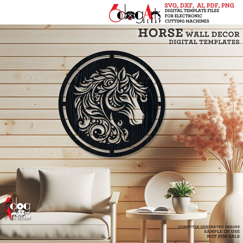 May include: A black and white digital template of a horse's head with intricate floral designs. The template is in a circle and is suitable for use with electronic cutting machines. The image shows a sample of the template on a wooden wall.