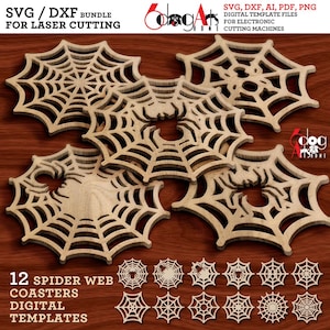May include: A digital template bundle for laser cutting featuring 12 spider web coaster designs. The image displays four large wooden spider web coasters with integrated spider motifs and a grid of 12 smaller coaster templates below.