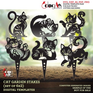 Plantillas digitales de decoración de jardín con gatos (6x2) y estacas para plantas (archivos vectoriales SVG y DXF) GlowForge para corte láser en madera y metal, descarga instantánea JH-618