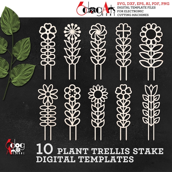 10 Folk Flower Plant Trellis Stake Templates Vector Digital SVG DXF Files GlowForge Laser Cutting Cricut Maker Instant Download JH-280