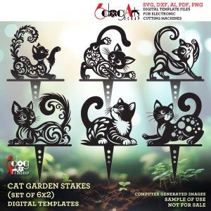 Plantillas digitales de decoración de jardín de gatos y estacas para plantas de 6(x2) Archivos SVG DXF vectoriales GlowForge Madera Metal Corte láser Descarga instantánea JH-619