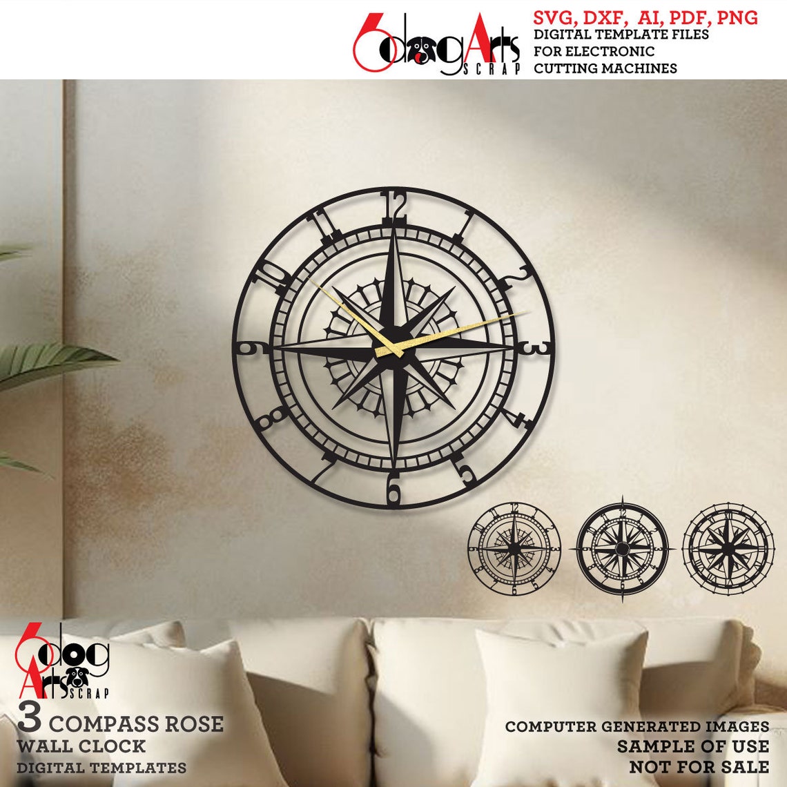 3x Compass Rose Wall Clock SVG DXF Templates Digital Vector Files ...