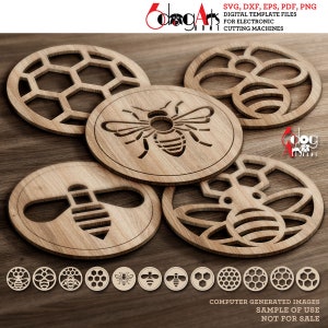 12 Bee Round Coaster Grill Trivet Templates Vector Digital SVG DXF Files Instant Download cnc Glow Forge Laser Cutting Cricut Maker JH-141