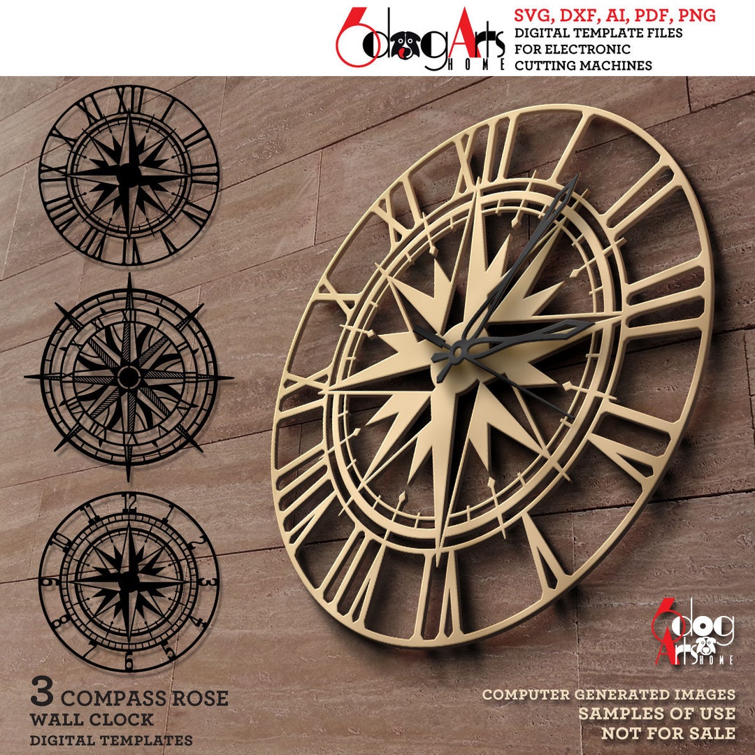 3x Compass Rose Wall Clock SVG DXF Templates Digital Vector Files ...