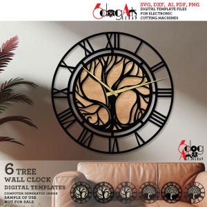 May include: A black wall clock featuring Roman numerals and a tree of life design. The clock has gold hands and a light brown wooden background. The image also includes the text "6 TREE WALL CLOCK DIGITAL TEMPLATES".