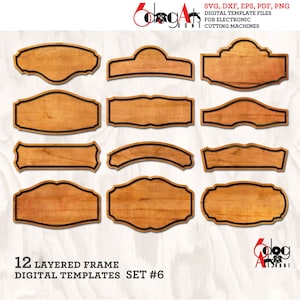 Juego de 12 plantillas de marcos en capas, 6 archivos SVG DXF digitales vectoriales para corte de madera, cartón, vinilo, GlowForge, Cricut, corte láser con cuchillo JH-69